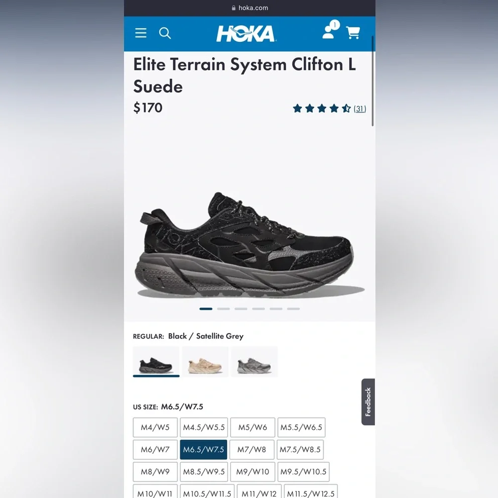 NWT Hoka Clifton Elite Terrain System L Suede Leather Black Grey Unisex Sneakers - Picture 5 of 16